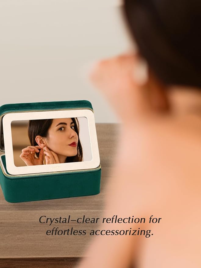 Velvet Travel Jewelry Box with Large Mirror, Double-Layer Jewelry Organizer Case - Image 7