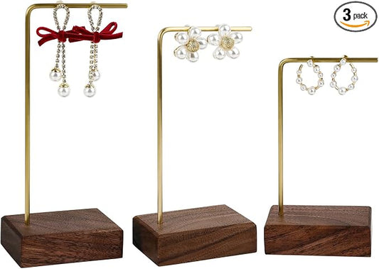 GemeShou 3pcs walnut wooden dangle earring stand holder, hoop earring displays by GemeShou