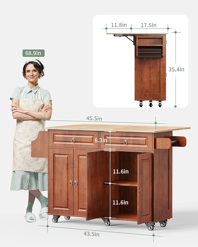 Kitchen Island with Drop Leaf and Storage, on Wheels Two Drawers, Large Storage - Image 2