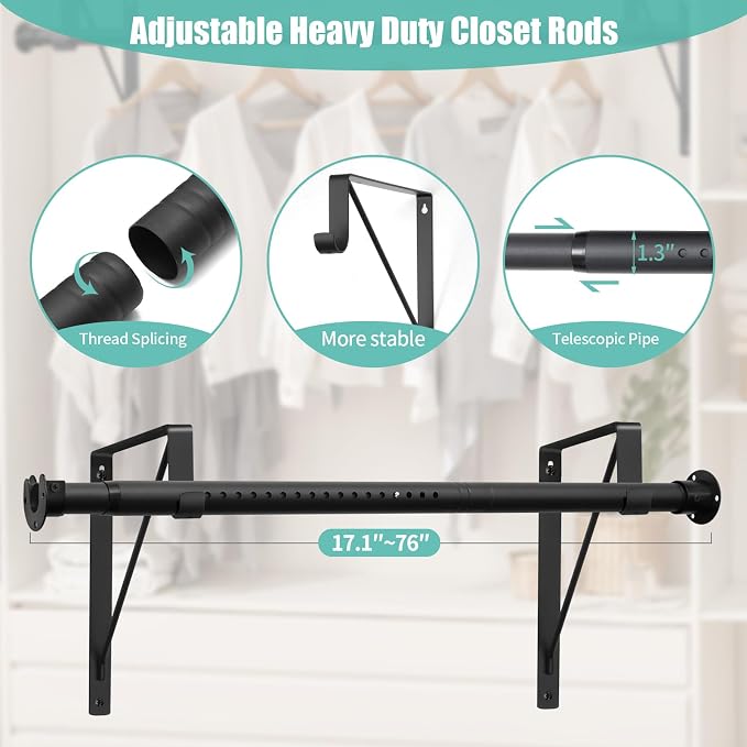 1.3 Inches Closet Rod, 17 to 87 Inch Clothes Rods Heavy Duty Closet Pole - Image 5