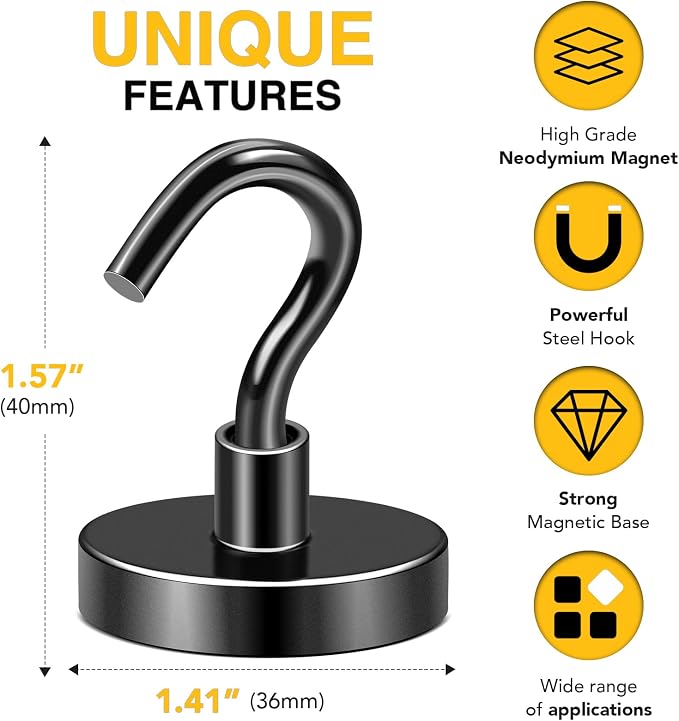 DIYMAG Black Magnetic Hooks, 170 LB Heavy Duty Strong Magnets - Image 2