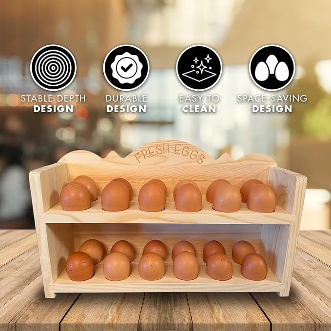 Natural Wood Premium Pine Wooden Egg Holder 2-Tier Durable 24-Egg Storage - Image 2
