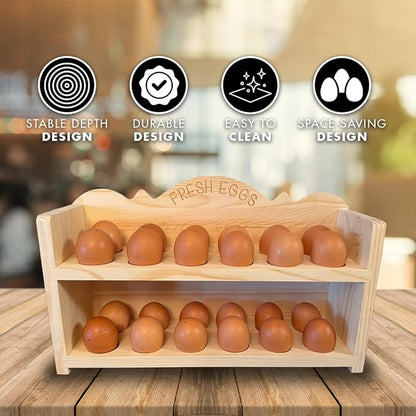 Natural Wood Premium Pine Wooden Egg Holder 2-Tier Durable 24-Egg Storage - Image 2