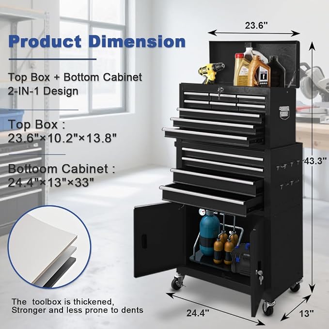 Tool Chest 13-Drawer with Double Door Handle, 2 in 1 Detachable Rolling Tool - Image 3