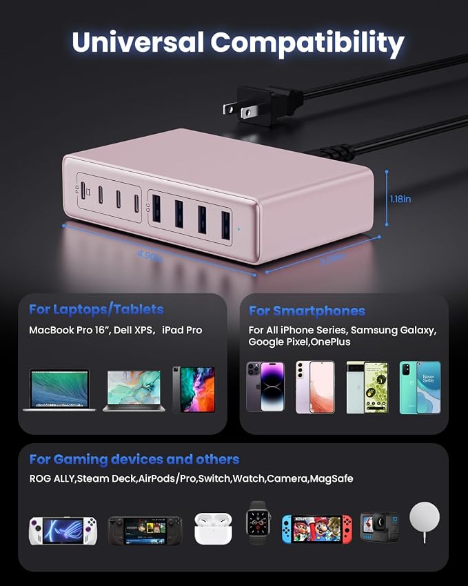 200W USB C Charger Block, GaN IV Charging Station 8 Ports, QC4.0 Fast Charging - Image 3