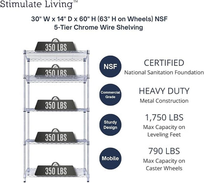 30"x14"x60" PRIME HEAVY DUTY Chrome 5-Tier Wire Shelving 1, 750 LBS MAX - Image 3