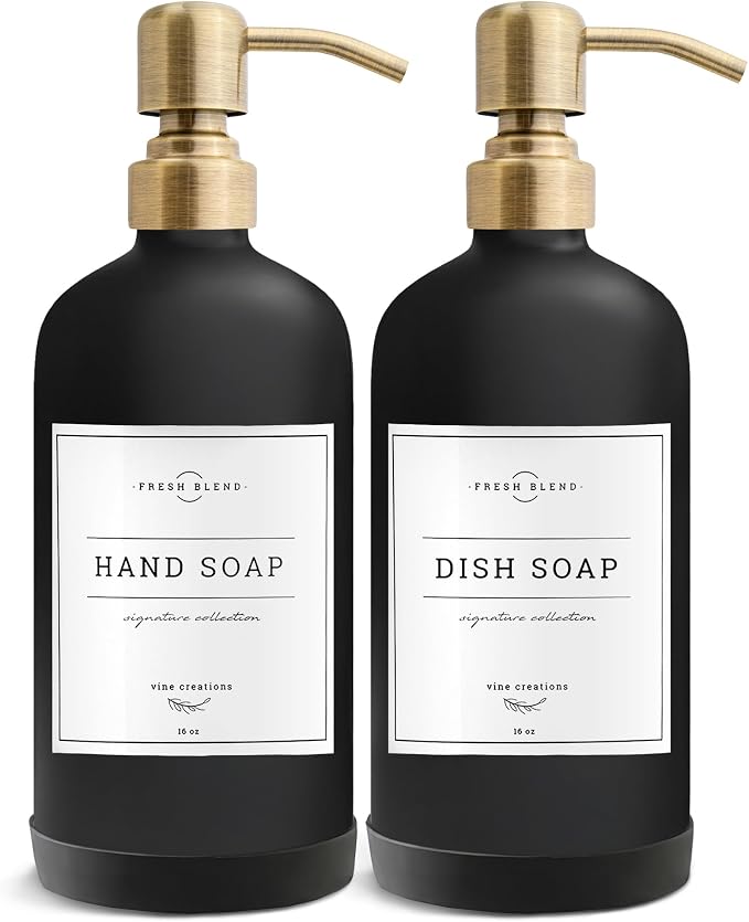 Vine Creations Black Glass Soap Dispenser, 2 Pack Kitchen Soap Dispenser Set by VineCreations
