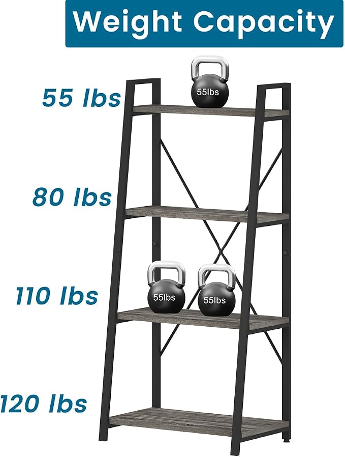 BON AUGURE Ladder Bookshelf, 4 Tier Ladder Shelf Bookcase, Wood Leaning Book - Image 4