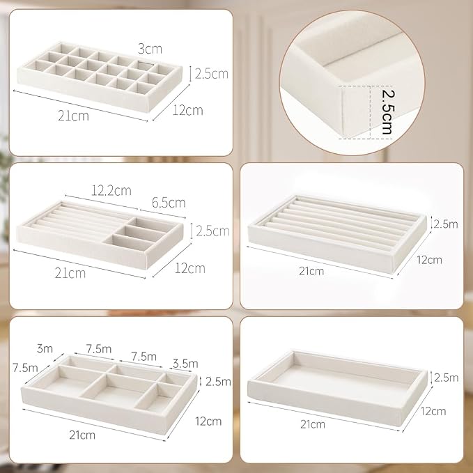 10 Pack Jewelry Organizer Tray Drawer Inserts Stackable Velvet Liner Dividers - Image 5