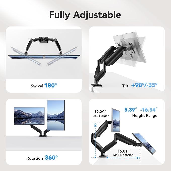 HUANUO Dual Monitor Mount, Mounts 2 Screens Up to 32 Inch, Holds 22 lbs per Arm - Image 4
