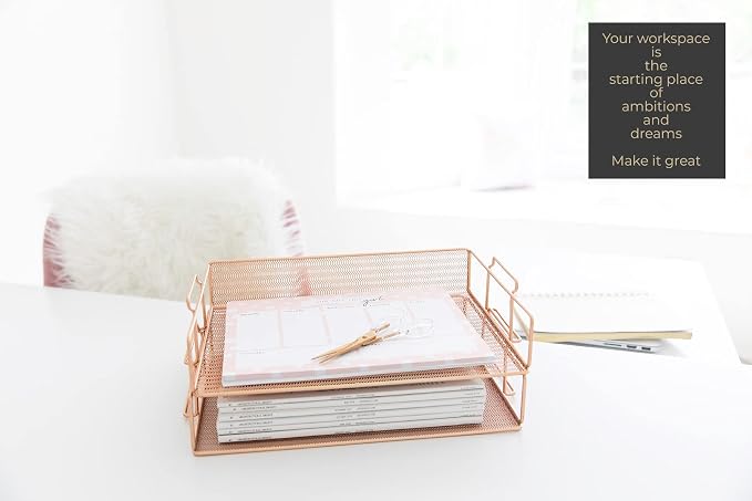 BLU MONACO Rose Gold Mesh Paper Tray – Set of 2 Stackable Letter Trays – - Image 2