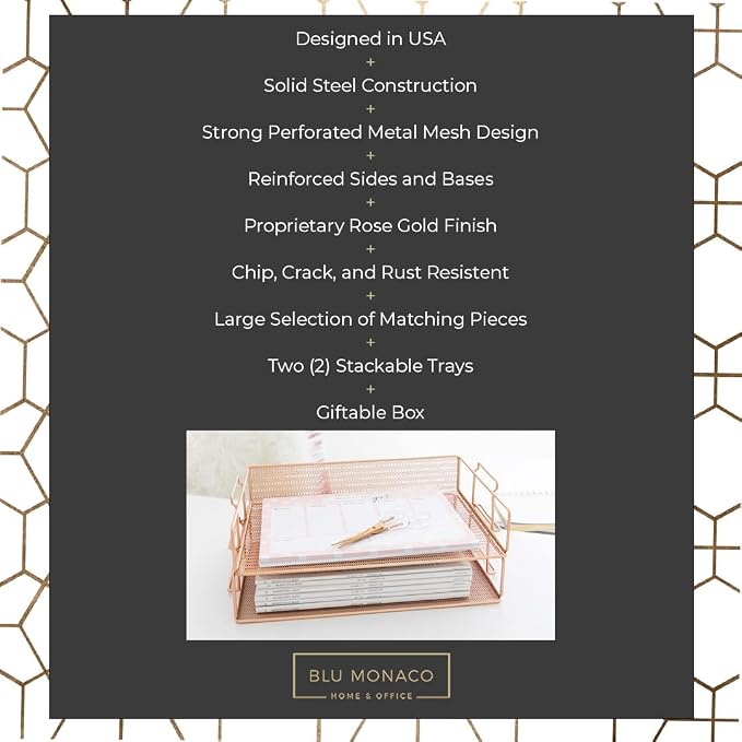 BLU MONACO Rose Gold Mesh Paper Tray – Set of 2 Stackable Letter Trays – - Image 3