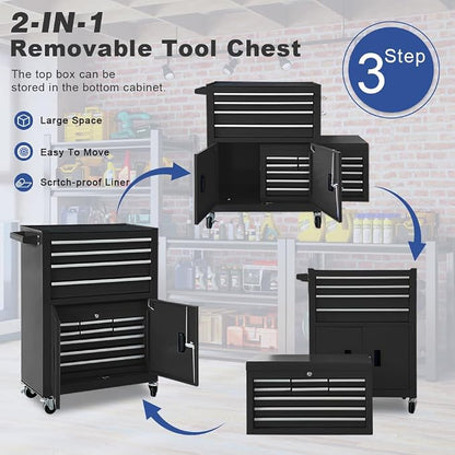 Tool Chest 13-Drawer with Double Door Handle, 2 in 1 Detachable Rolling Tool - Image 7