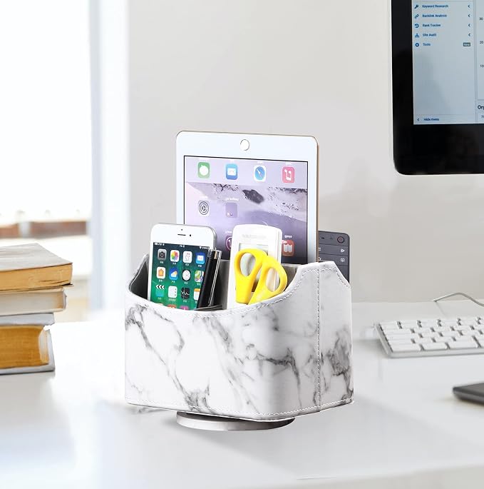 YAPISHI White Marble Leather Remote Control Holder, 360 Degree Spinning Desk TV - Image 5