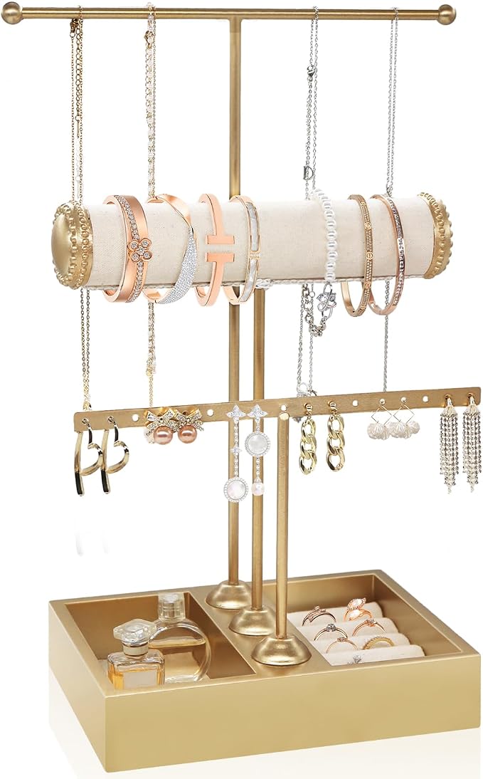 Jewelry Organizer Stand Necklace Organizer Earring Holder, 3-Tier Gold Jewelry by FENRUNXU