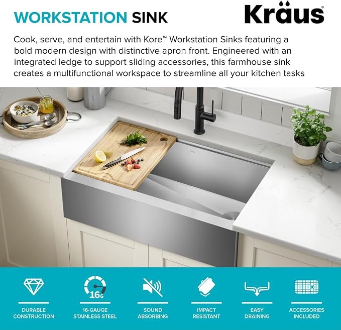 KRAUS Kore 33-Inch Farmhouse Workstation 16 Gauge Single Bowl Stainless Steel - Image 3