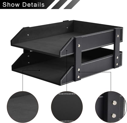 Leather Desk Organizer, 2-Tier Stackable Letter Tray Holder, Office Supplies - Image 2