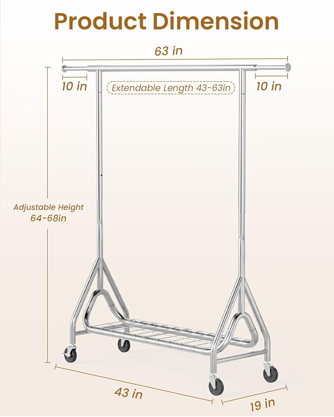 Heavy Duty Clothing Rack, Metal Clothes Rack Load 450 LBS, Rolling Coat Racks - Image 8