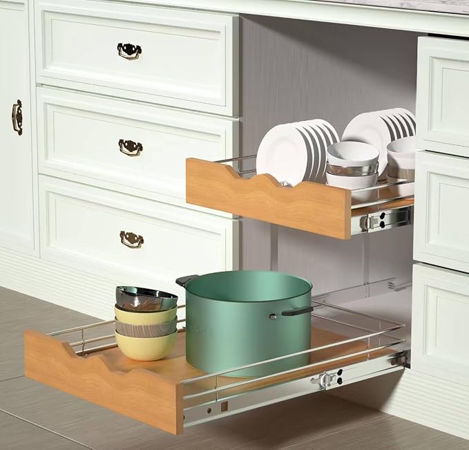 DINDON 2 Tier Pull Out Cabinet Organizer Slide Out Wood Shelf Double Tier - Image 6