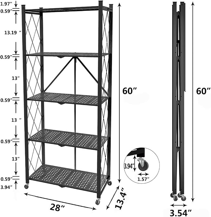 5 Tier Folding Shelf with Wheels, Metal Steel Collapsible Shelves, No Assembly - Image 3