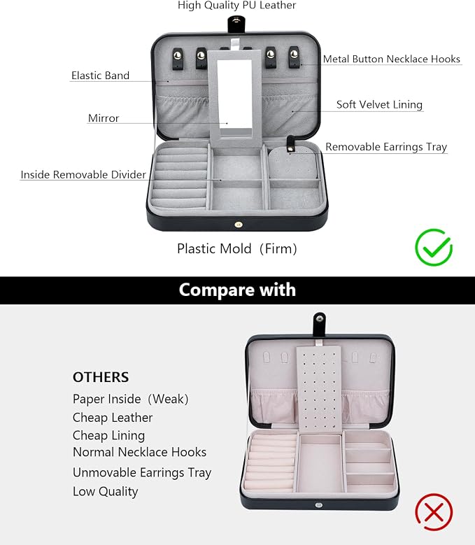 Travel Jewelry Organizer with Mirror Portable Case Small Jewellery Box Gift - Image 3