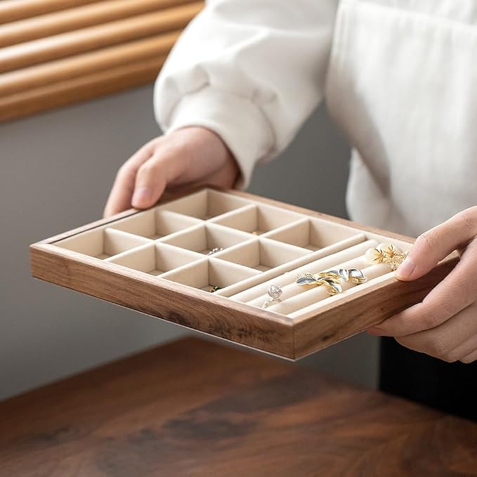 9 Grid +3 Line Black Walnut Wooden Jewelry Tray Organizer - Image 6
