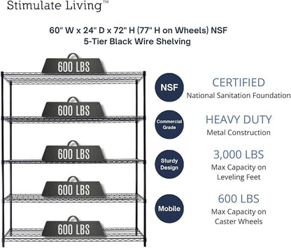 60"x24"x72" PRIME HEAVY DUTY Black 5-Tier Wire Shelving NSF 3000 LBS MAX - Image 3