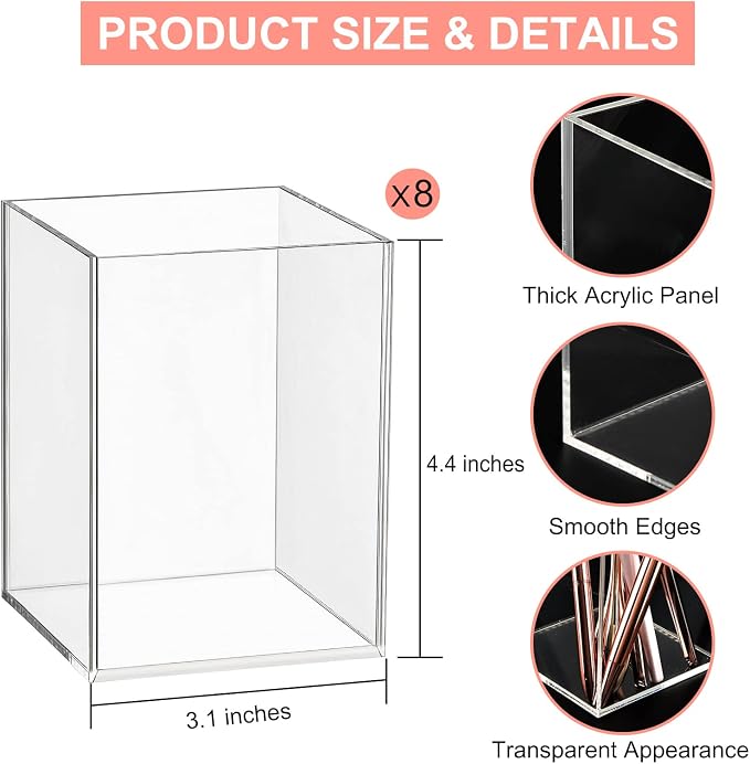 8 Pieces Clear Acrylic Pen Holder Acrylic Pencil Cup Clear Makeup Bush Holder - Image 2