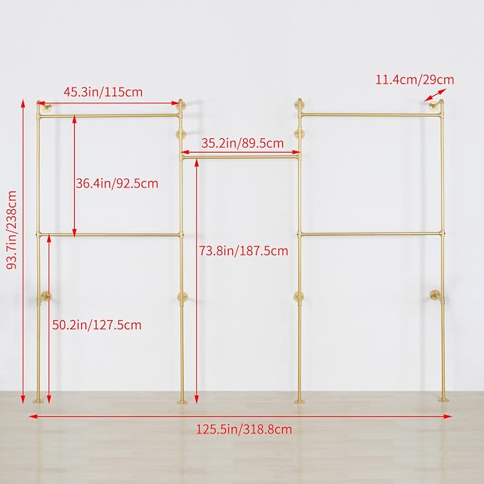 Industrial Pipe Clothing Rack Wall Mounted 5 Hanging Rods Garment Bar, Heavy - Image 3
