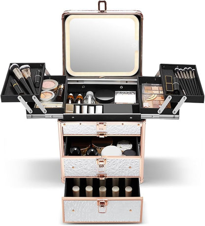 Qislee Makeup Box with Double Drawers and Four Trays, A Detachable Lighted by Qislee