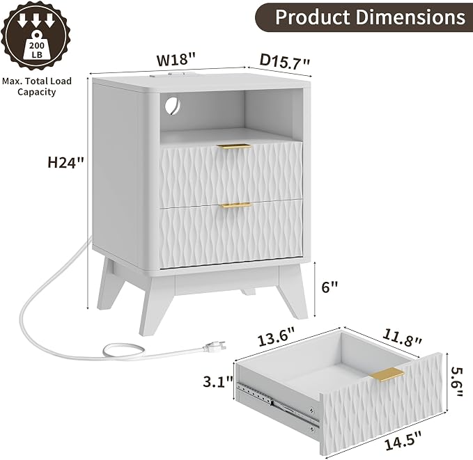 Fluted Nightstand with Charging Station, Bedside Table - Image 2