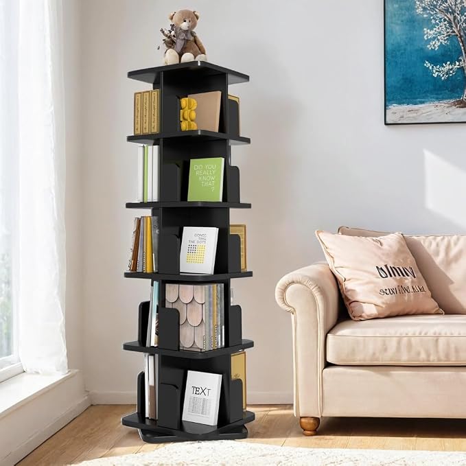 MHOM Black Rotating Bookshelf, 360 Display 5 Tier Rotating Bookshelf Tower - Image 4