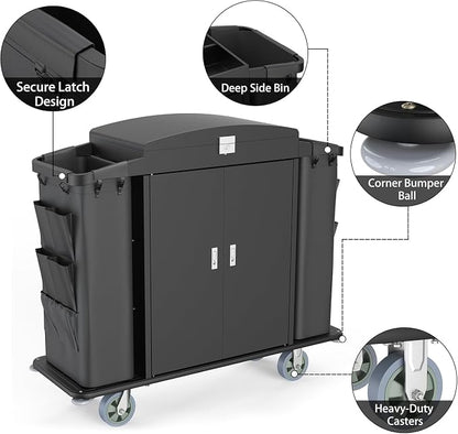Heavy Duty Metal Housekeeping Janitorial Cart, Silent Casters, Locking Large - Image 6