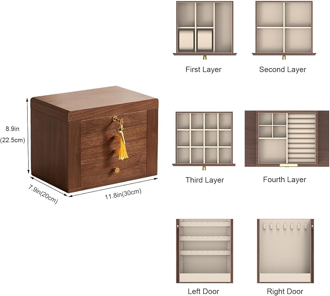 CHOSIN Black Walnut Wooden Jewelry Box, 4-Layer Lockable Wood Jewelry Organizer - Image 3