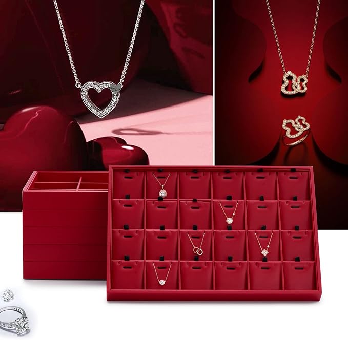 Oirlv Gorgeous Red Leather Jewelry Tray Necklace Bracelet Long Chain Storage - Image 2