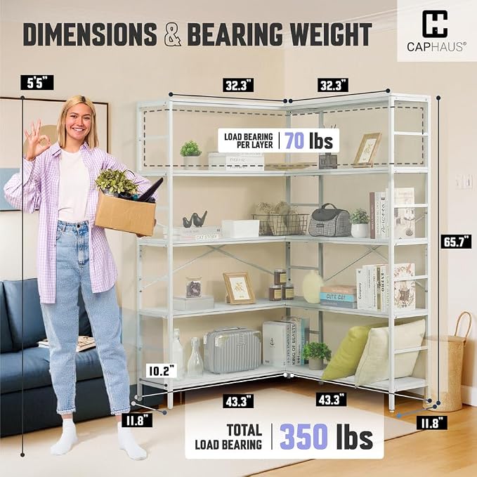 CAPHAUS L-Shaped Bookshelf, 5 Tier Industrial Corner Bookcase, Tall Corner Shelf - Image 2