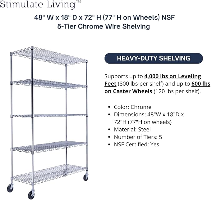 48"x18"x72" PRIME HEAVY DUTY Chrome 5-Tier Wire Shelving NSF 4000 LBS MAX - Image 4