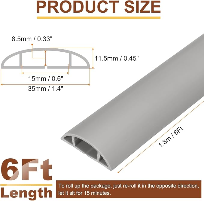 HARFINGTON 6ft Cord Cover Floor W0.6 x H0.33 Inner Channel PVC Hide Extension - Image 2