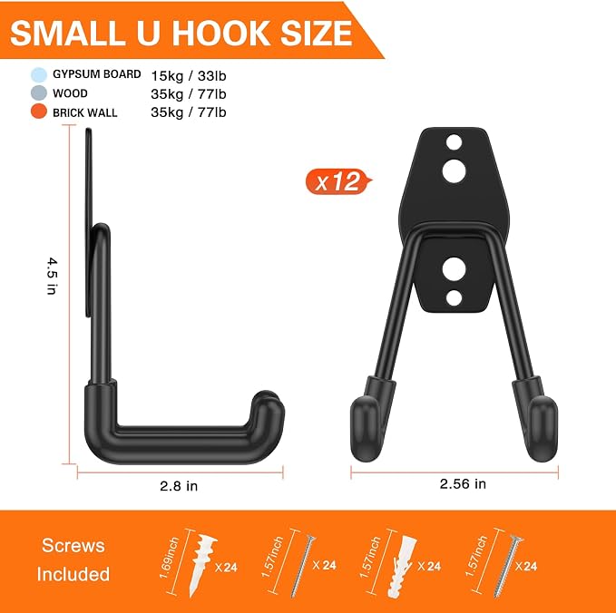 Heavy Duty Garage Hooks 12 Pack, 2.8 inch Small U Shaped Hanger, Wall Mounted - Image 2