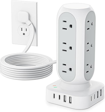 Tower Power Strip with Surge Protection, Flat Plug Outlet Extender with 12 AC by TenTrend