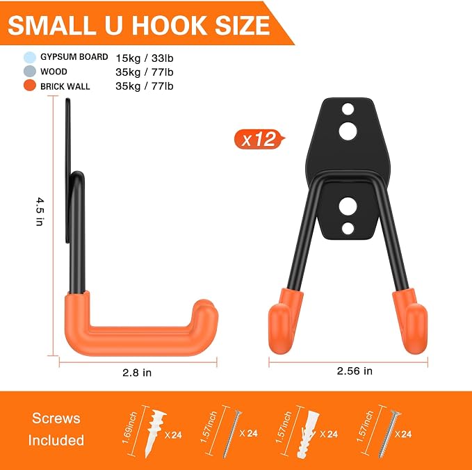 Heavy Duty Garage Hooks 12 Pack, 2.8 inch Small U Shaped Hanger, Wall Mounted - Image 2