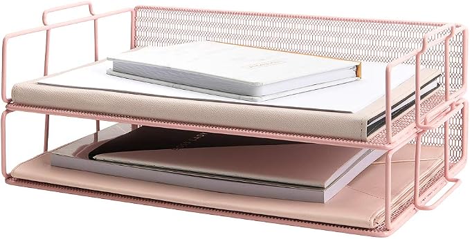 BLU MONACO Pink Mesh Paper Tray – Set of 2 Stackable Letter Trays – Durable by Blu_Monaco