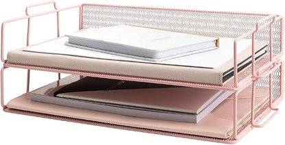 BLU MONACO Pink Mesh Paper Tray – Set of 2 Stackable Letter Trays – Durable by Blu_Monaco