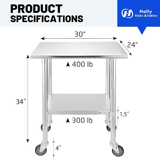 Hally Stainless Steel Table for Prep & Work 24 x 30 Inches - Image 2
