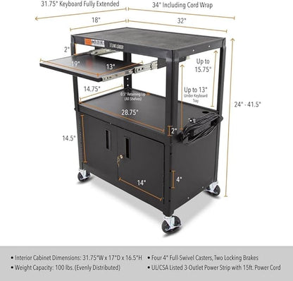 Line Leader Large AV Cart with Locking Cabinet | Height Adjustable Utility Cart - Image 5