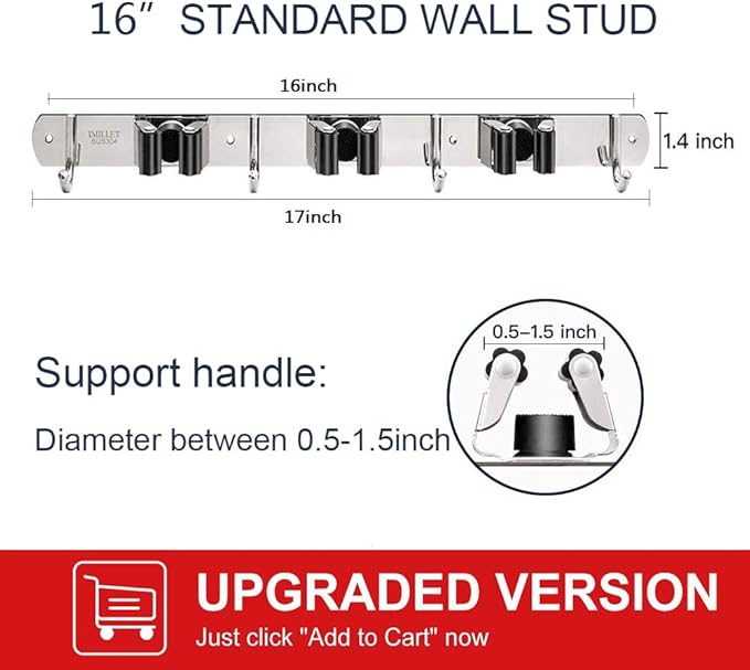 IMILLET 2 Pack Broom and Mop Holder Wall Mounted, Stainless Steel Broom Holder - Image 3