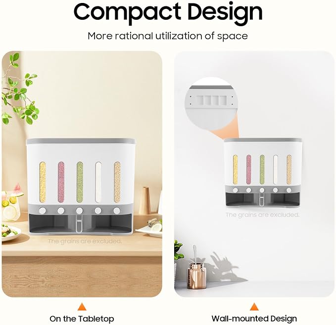 5 Grids Dry Food Dispenser, Wall mounted Rice Storage Dispenser Cereal - Image 6