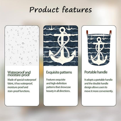 Laundry Baskets 15.7x19.7 Inch Large Nautical Anchor Design Collapsible Laundry - Image 2