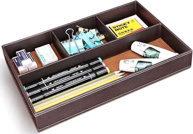 KINGFOM Pu Leather Desk Organizer Tray, 4 Compartment Office Storage Supplies - Image 3