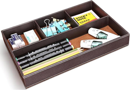 KINGFOM Pu Leather Desk Organizer Tray, 4 Compartment Office Storage Supplies - Image 3